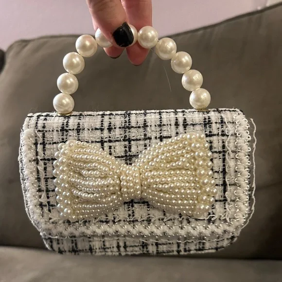 NEW Micro Mini Bag Navy Blue White Tweed Pearl Bow Pearl Top Handle Two-Way - Picture 5 of 12